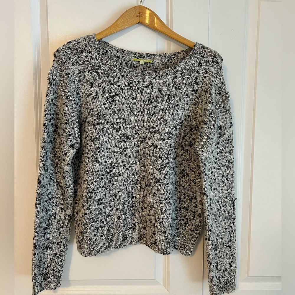 Gianni Bini Speckled Sweater with rhinestone studs on arms black white wool